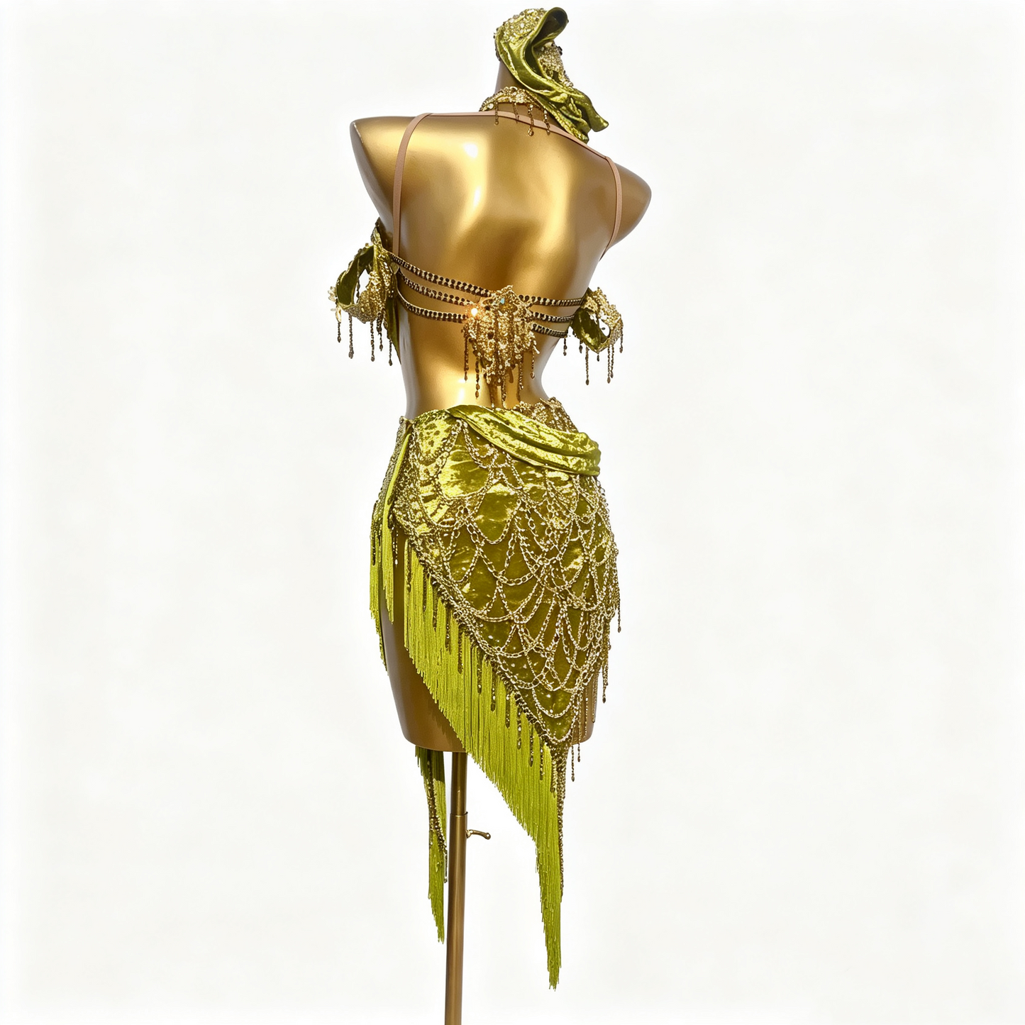 Custom Olive Green Draped Strap Fringe Latin Competition Dress
