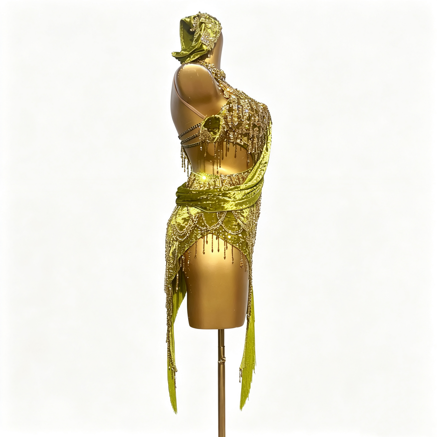 Custom Olive Green Draped Strap Fringe Latin Competition Dress