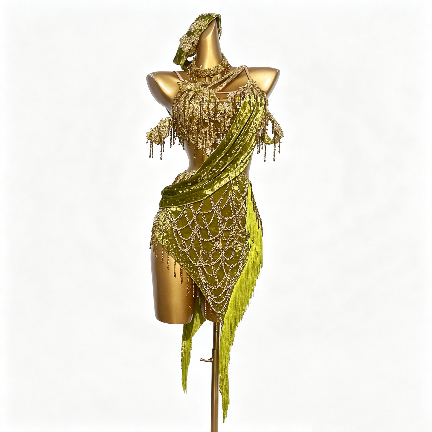 Custom Olive Green Draped Strap Fringe Latin Competition Dress