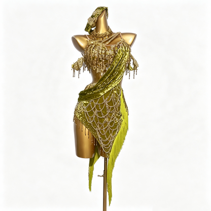 Custom Olive Green Draped Strap Fringe Latin Competition Dress