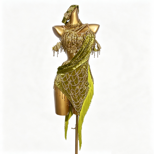Custom Olive Green Draped Strap Fringe Latin Competition Dress