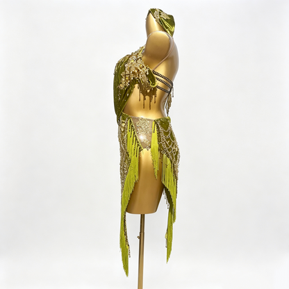 Custom Olive Green Draped Strap Fringe Latin Competition Dress