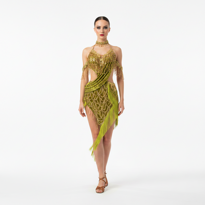 Custom Olive Green Draped Strap Fringe Latin Competition Dress