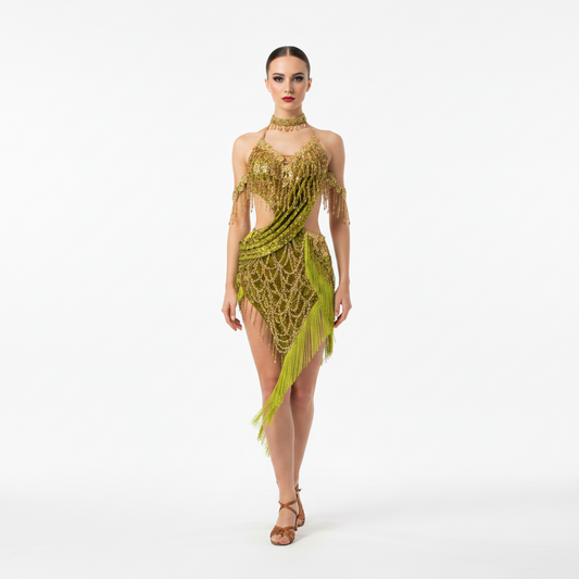 Custom Olive Green Draped Strap Fringe Latin Competition Dress