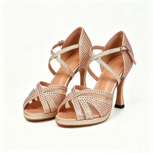 Champagne Rhinestone Cross Strap Latin Dance Shoes