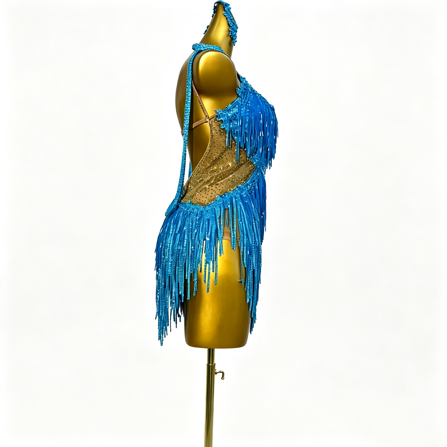 Custom Bright Blue Fringed Latin Dress With Back Cords
