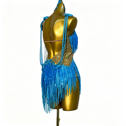 Custom Bright Blue Fringed Latin Dress With Back Cords