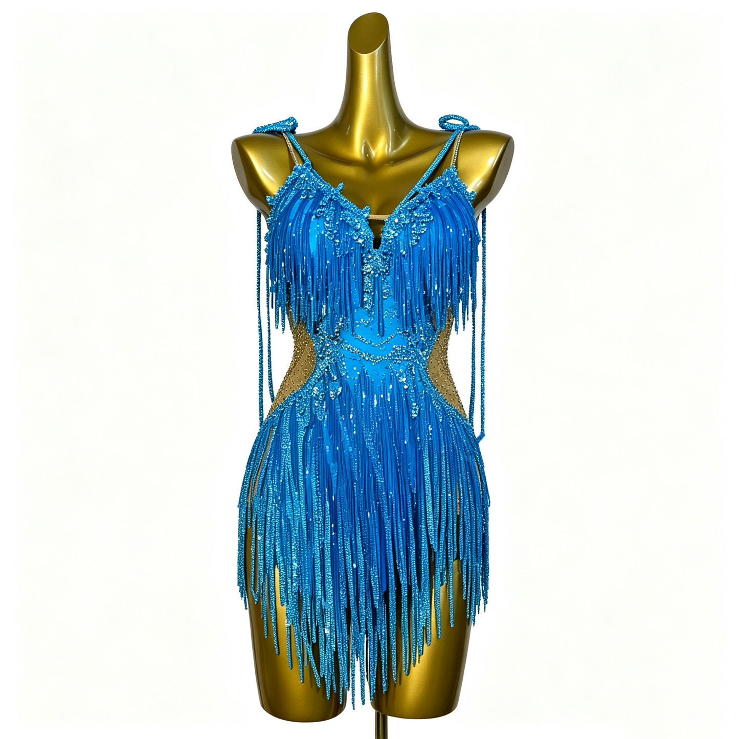 Custom Bright Blue Fringed Latin Dress With Back Cords