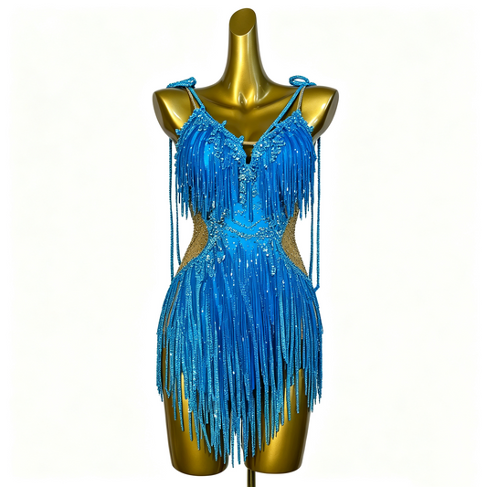 Custom Bright Blue Fringed Latin Dress With Back Cords