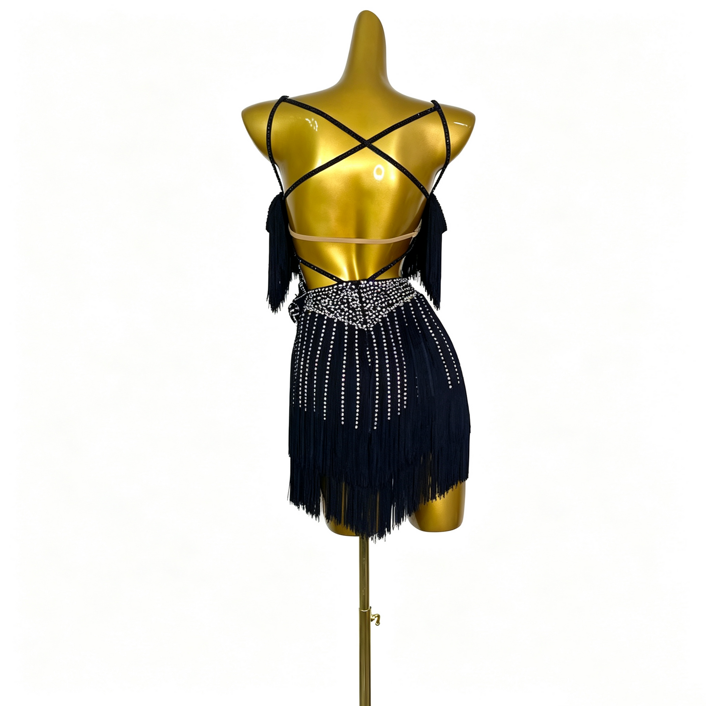 Custom V-Neck Black Tassel Rhinestone Latin Competition Dress