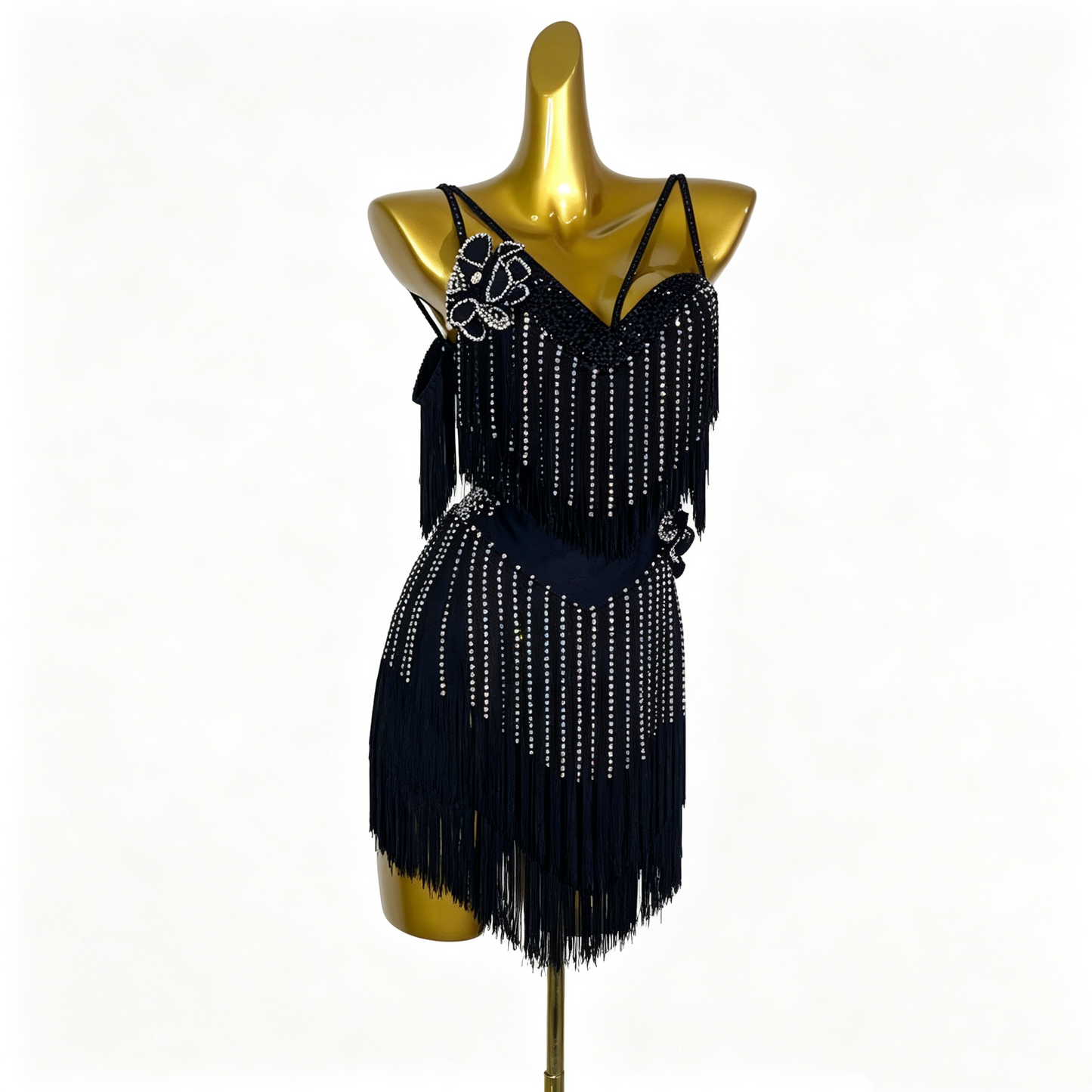 Custom V-Neck Black Tassel Rhinestone Latin Competition Dress