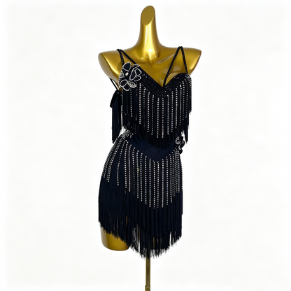 Custom V-Neck Black Tassel Rhinestone Latin Competition Dress