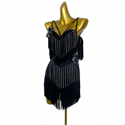 Custom V-Neck Black Tassel Rhinestone Latin Competition Dress