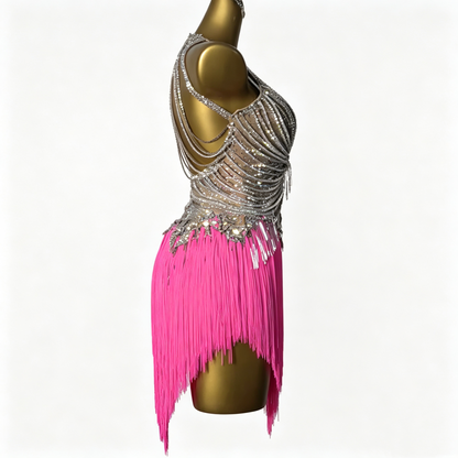 Custom Tiered Hot Pink Fringe Latin Competition Dress