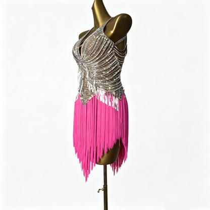 Custom Tiered Hot Pink Fringe Latin Competition Dress