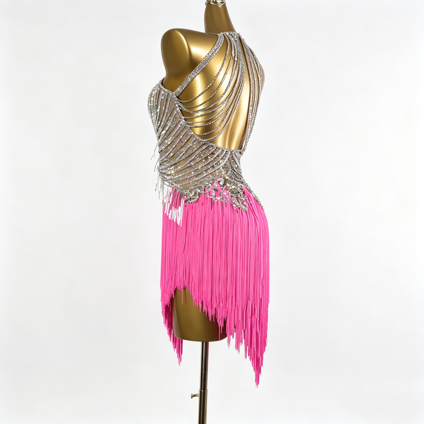 Custom Tiered Hot Pink Fringe Latin Competition Dress