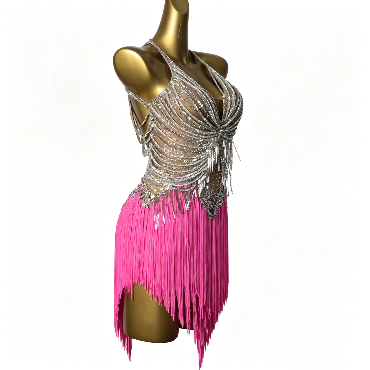 Custom Tiered Hot Pink Fringe Latin Competition Dress