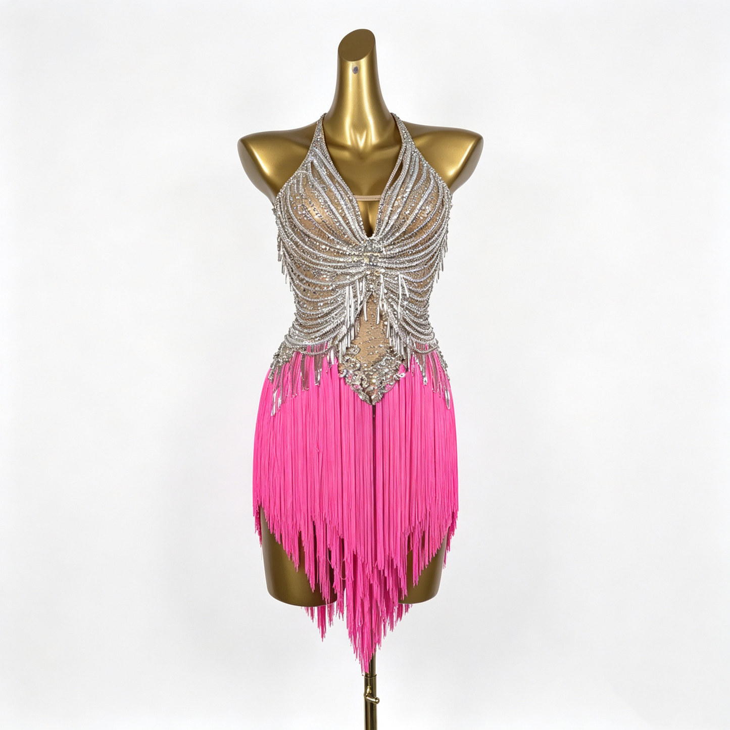 Custom Tiered Hot Pink Fringe Latin Competition Dress