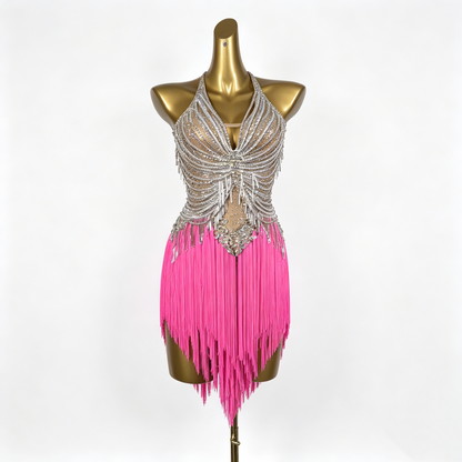 Custom Tiered Hot Pink Fringe Latin Competition Dress
