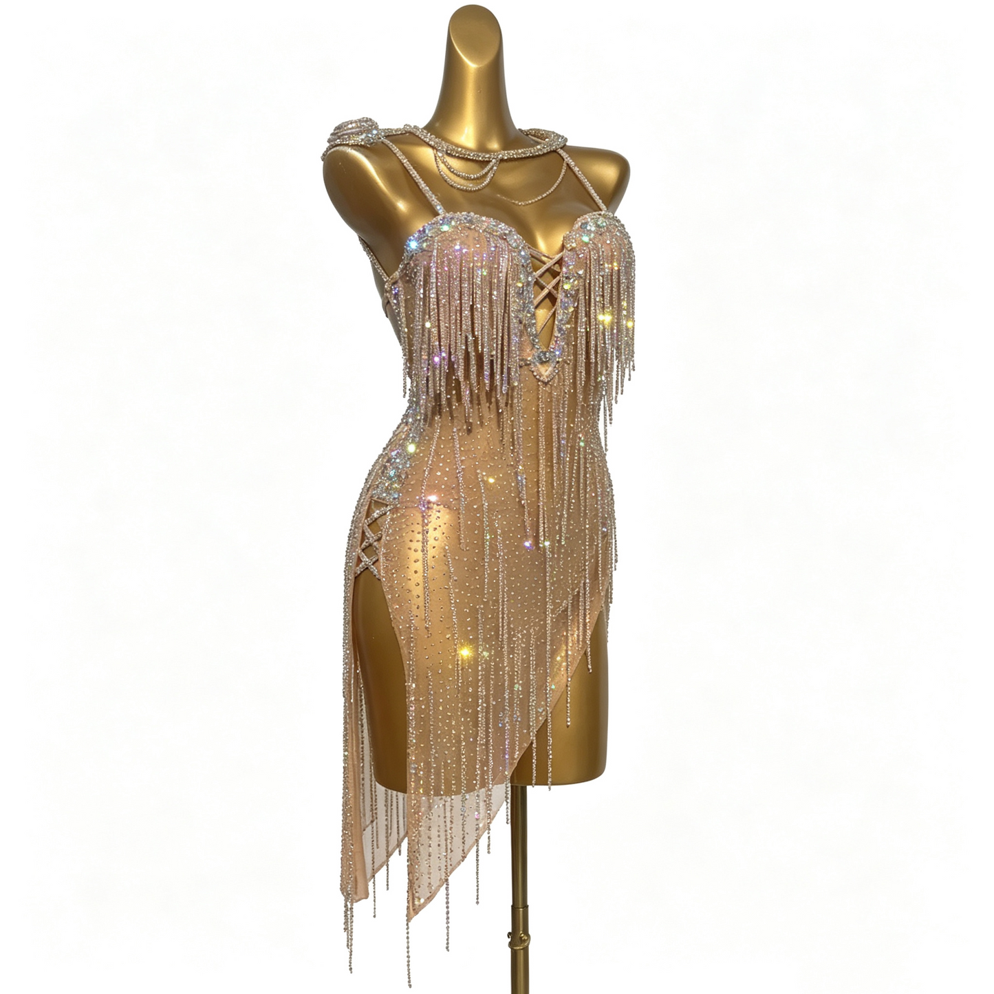 Customizable Gold Champagne Crystal Fringe Latin Dance Competition Dress