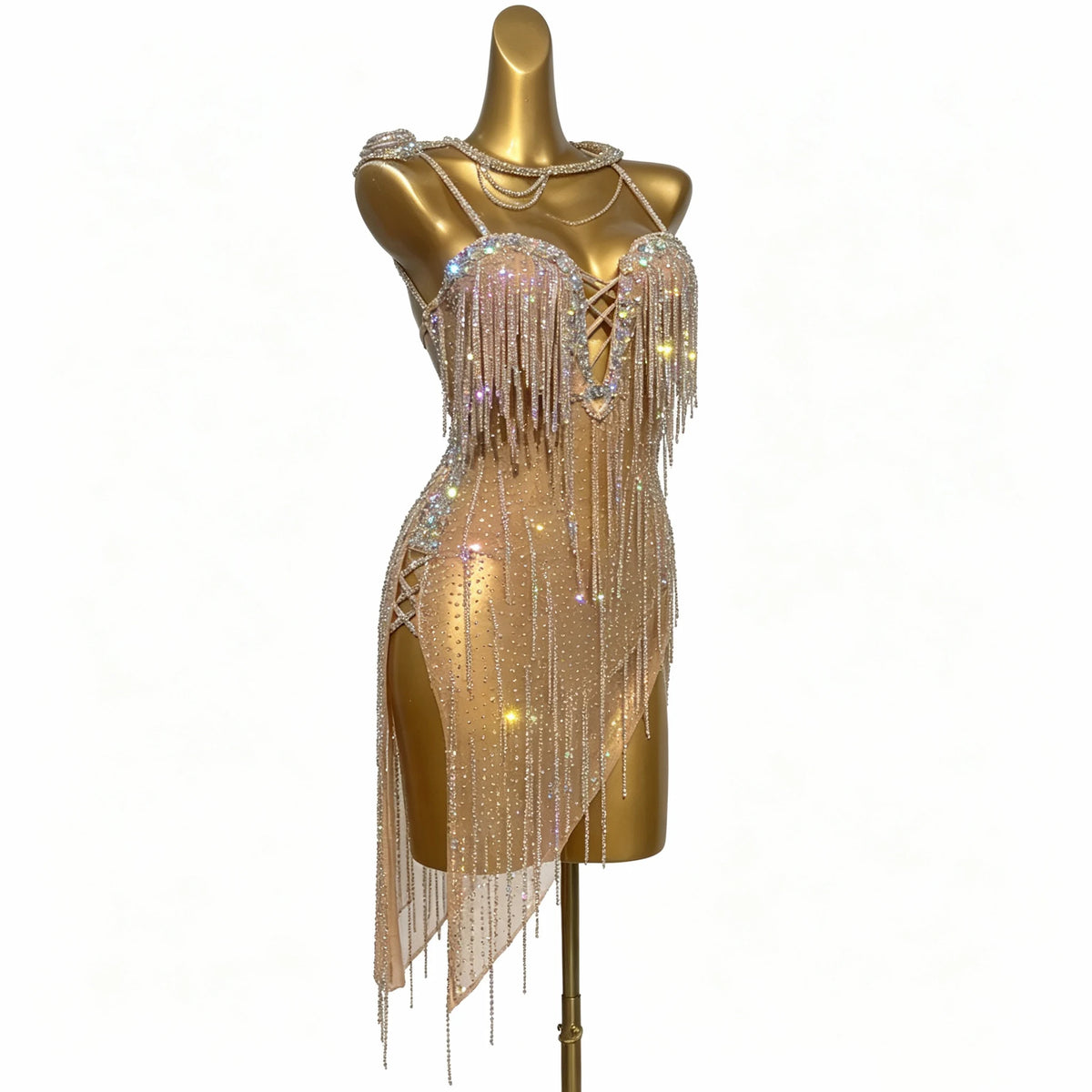 Customizable Gold Champagne Crystal Fringe Latin Dance Competition Dress
