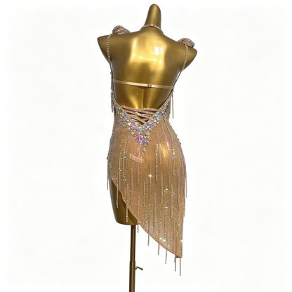 Customizable Gold Champagne Crystal Fringe Latin Dance Competition Dress