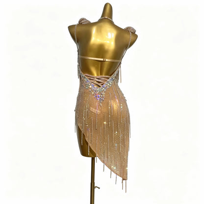 Customizable Gold Champagne Crystal Fringe Latin Dance Competition Dress