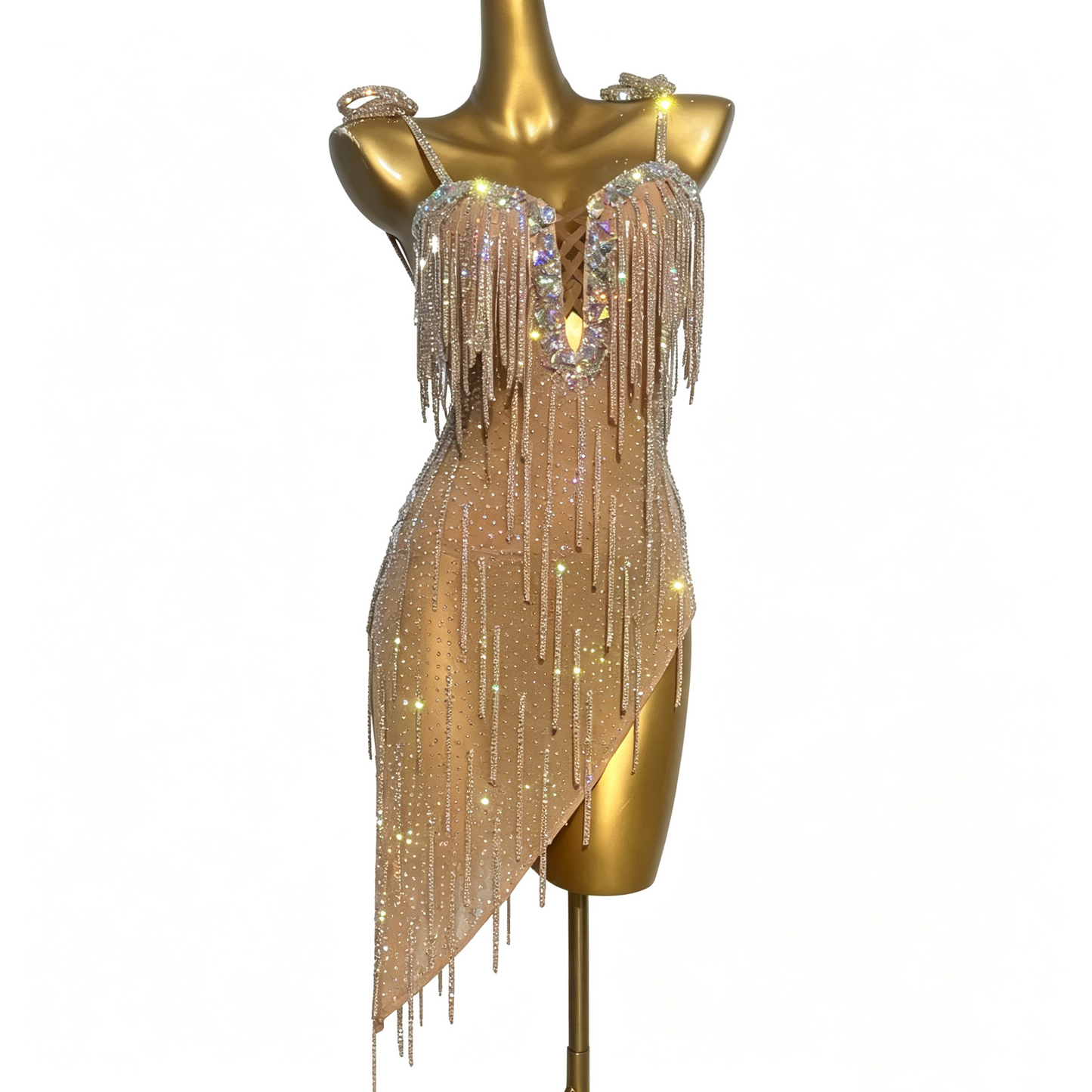 Customizable Gold Champagne Crystal Fringe Latin Dance Competition Dress
