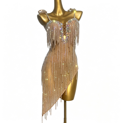 Customizable Gold Champagne Crystal Fringe Latin Dance Competition Dress