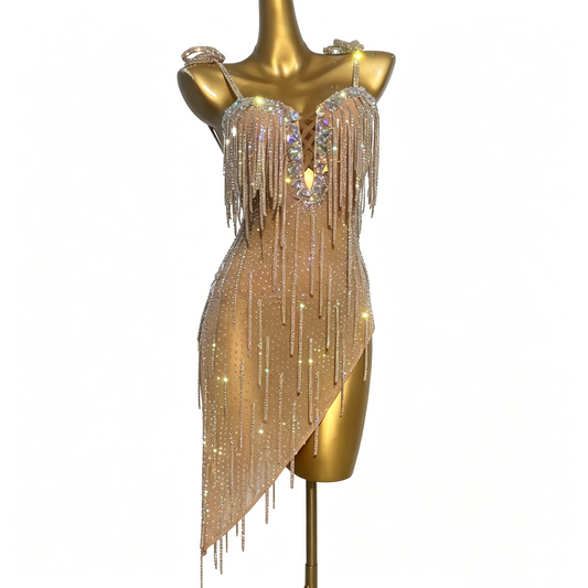 Customizable Gold Champagne Crystal Fringe Latin Dance Competition Dress