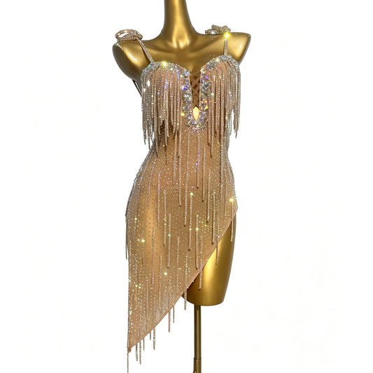 Customizable Gold Champagne Crystal Fringe Latin Dance Competition Dress