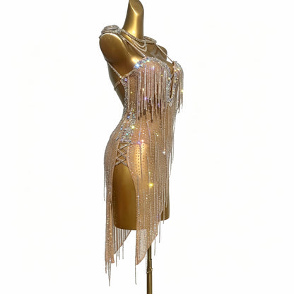 Customizable Gold Champagne Crystal Fringe Latin Dance Competition Dress