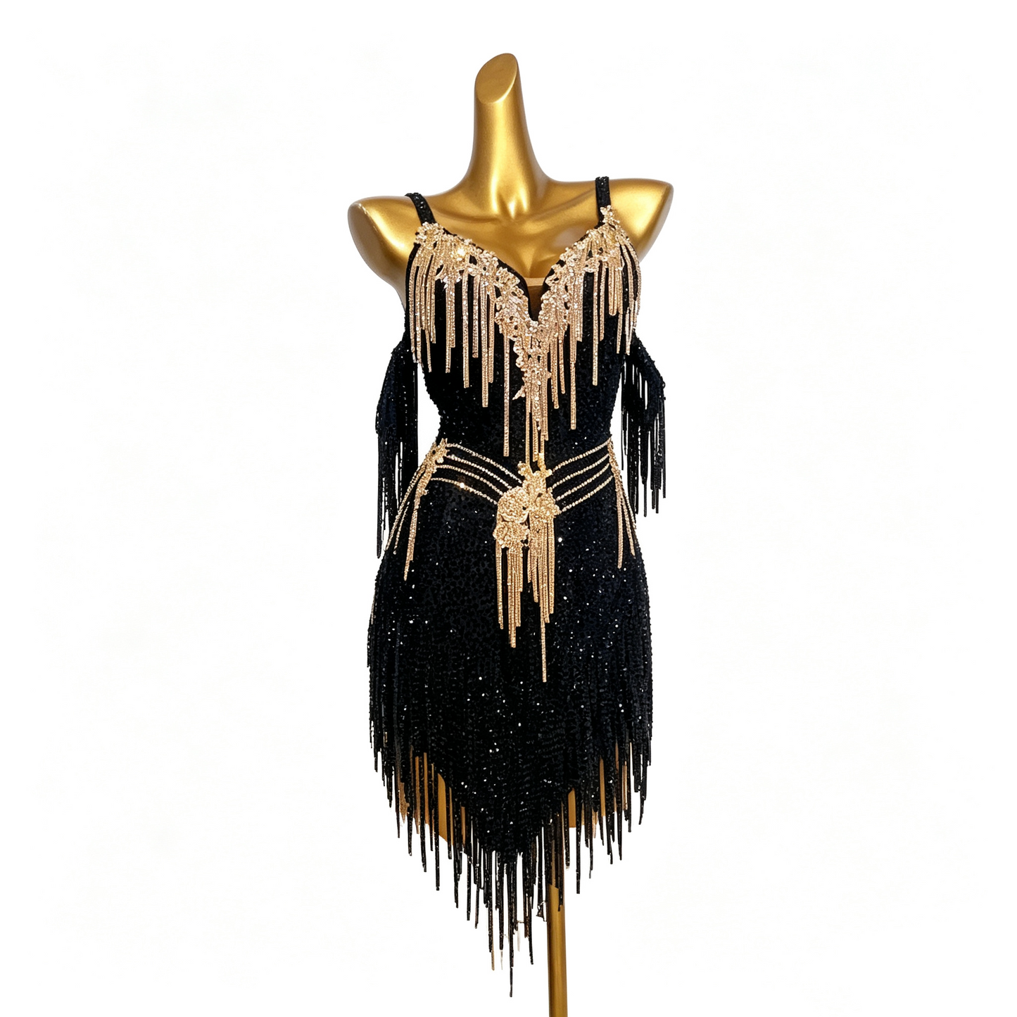 Customizable Black Gold Elegance Latin Dance Competition Dress