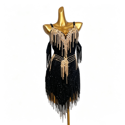 Customizable Black Gold Elegance Latin Dance Competition Dress