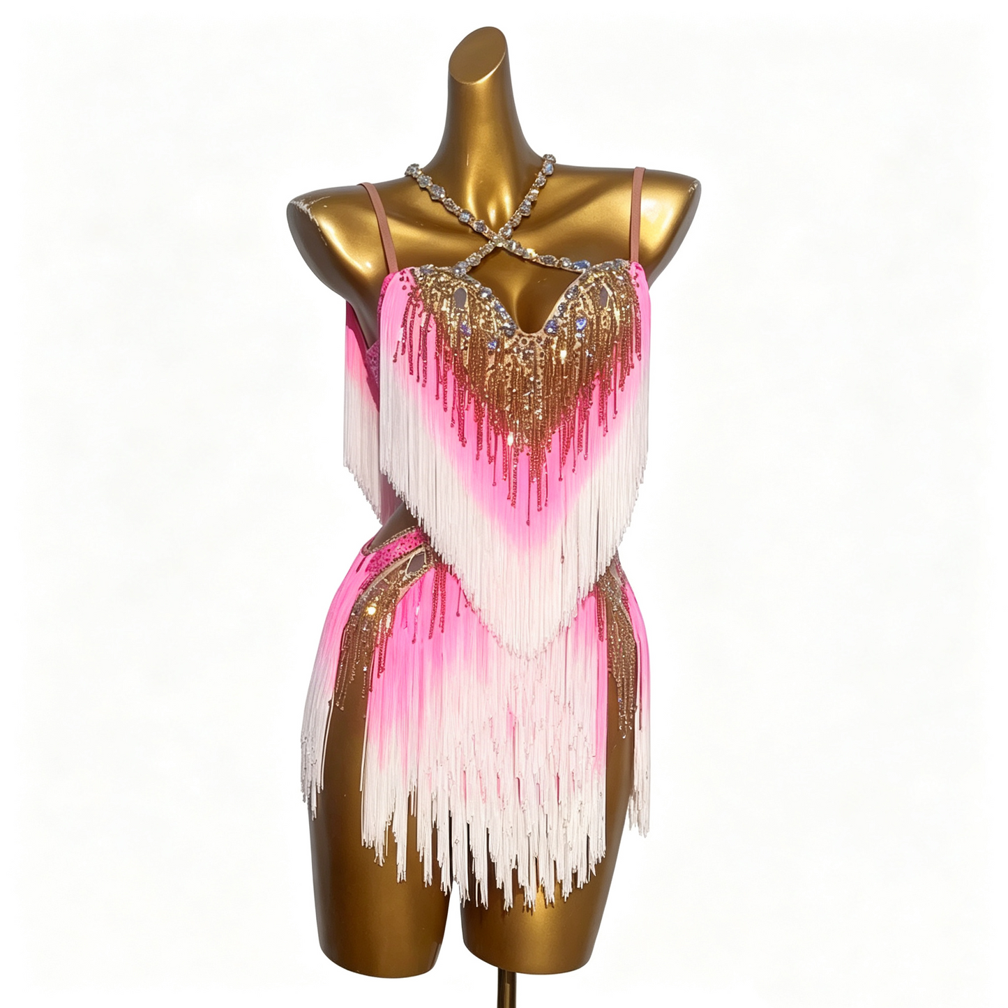 Custom Pink White Ombre Fringe Latin Dance Competition Dress