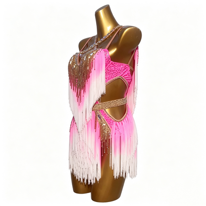 Custom Pink White Ombre Fringe Latin Dance Competition Dress