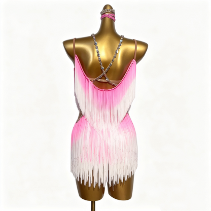 Custom Pink White Ombre Fringe Latin Dance Competition Dress