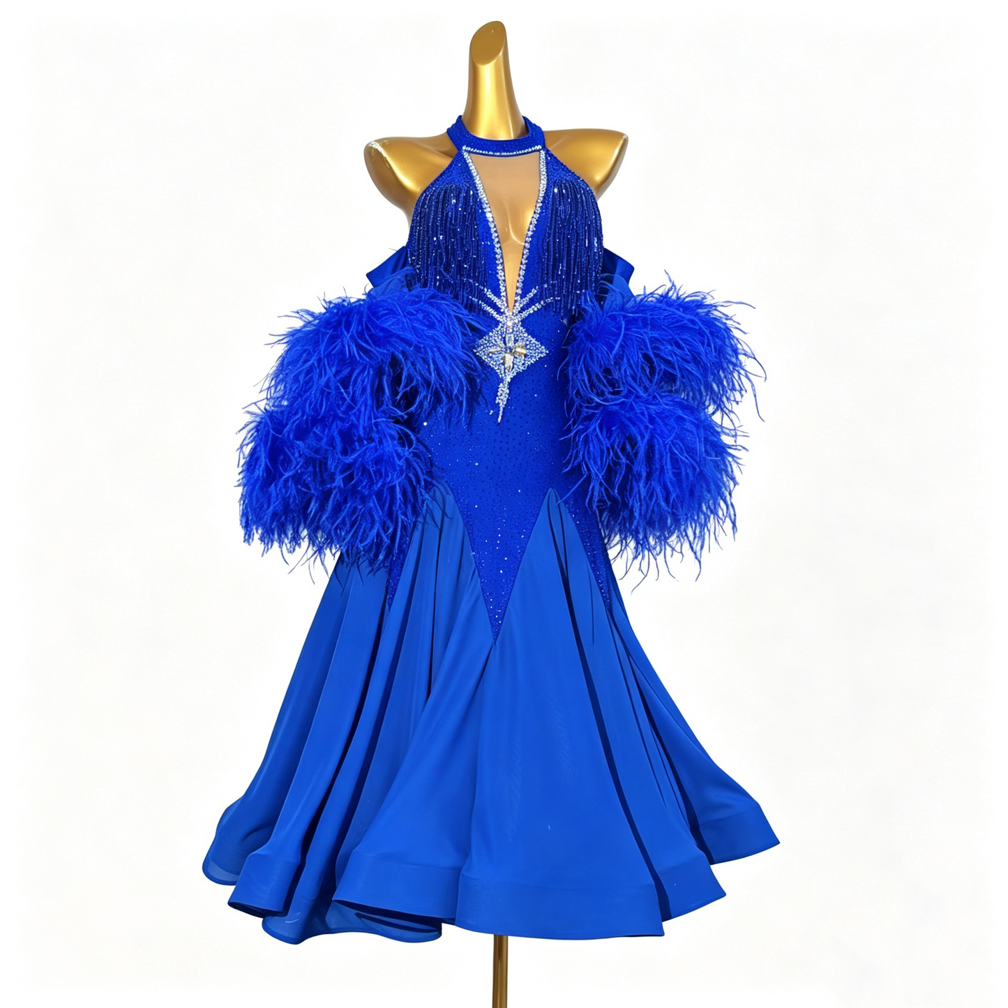 Custom Royal Blue Halter Feather Standard Ballroom Competition Dress