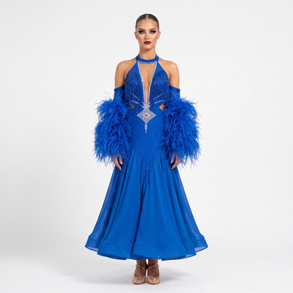 Custom Royal Blue Halter Feather Standard Ballroom Competition Dress