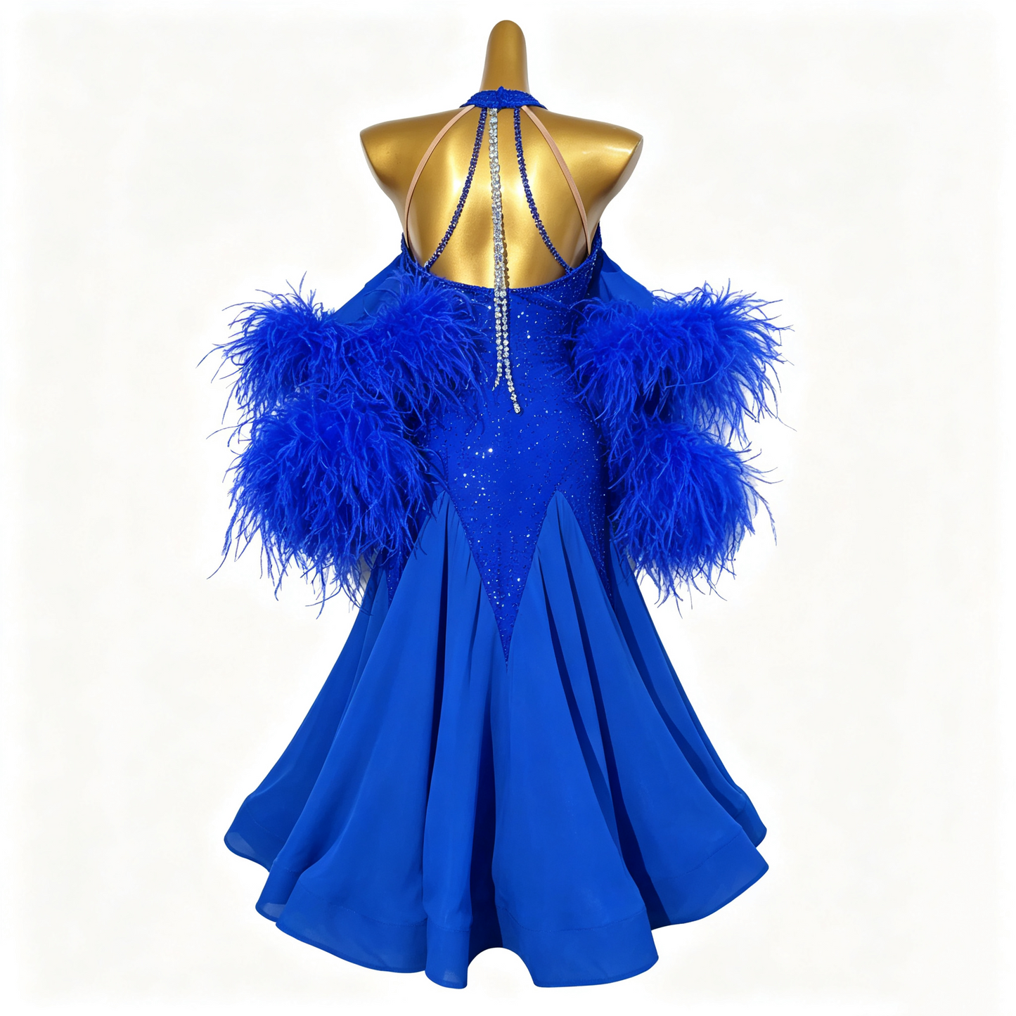 Custom Royal Blue Halter Feather Standard Ballroom Competition Dress