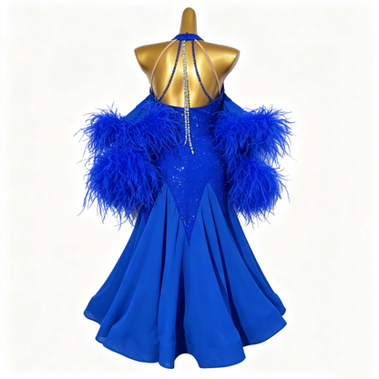 Custom Royal Blue Halter Feather Standard Ballroom Competition Dress