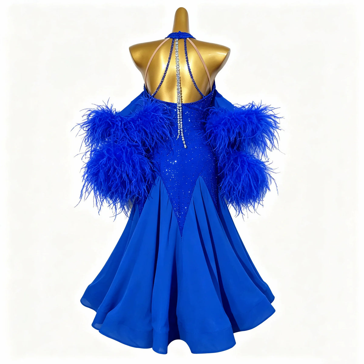 Custom Royal Blue Halter Feather Standard Ballroom Competition Dress