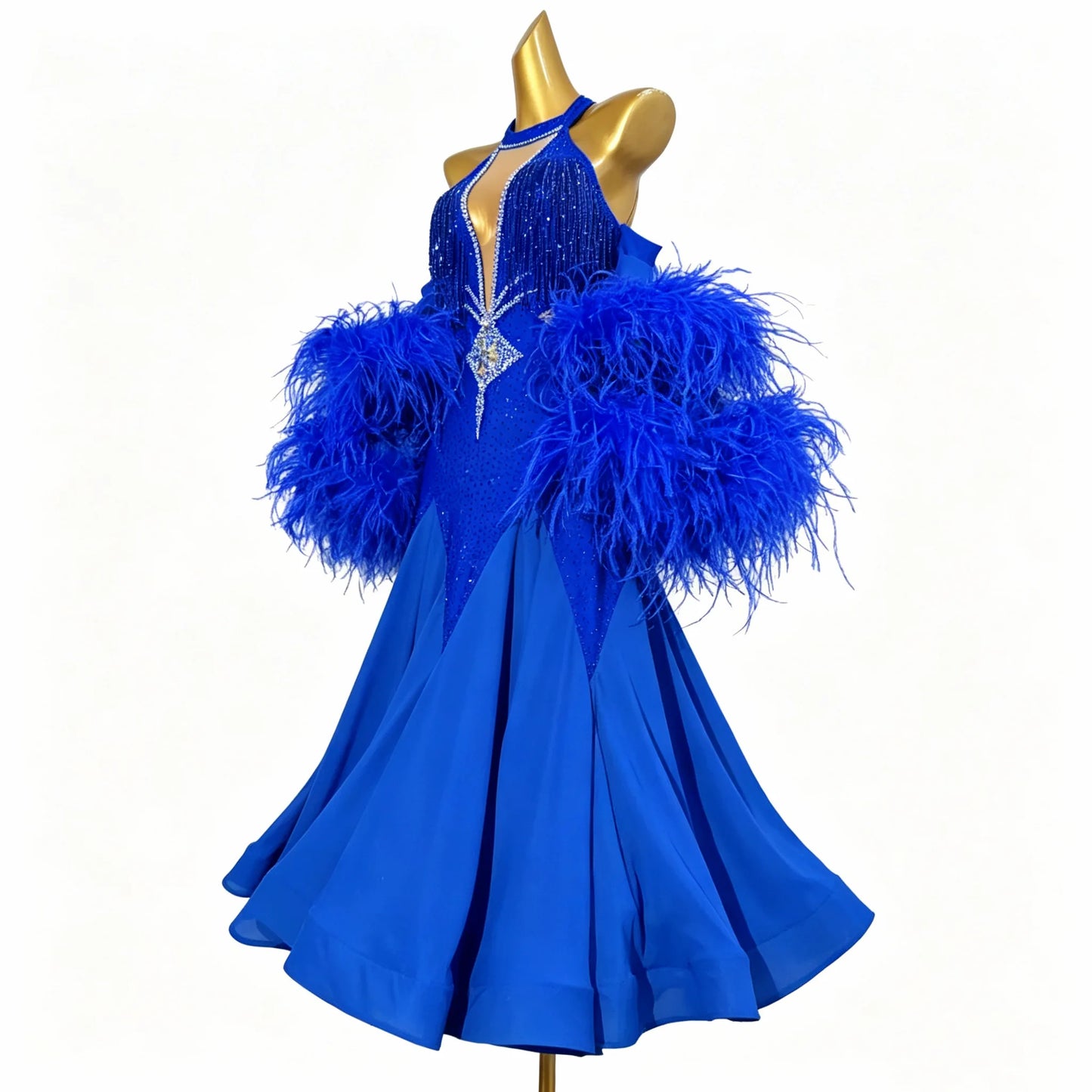 Custom Royal Blue Halter Feather Standard Ballroom Competition Dress