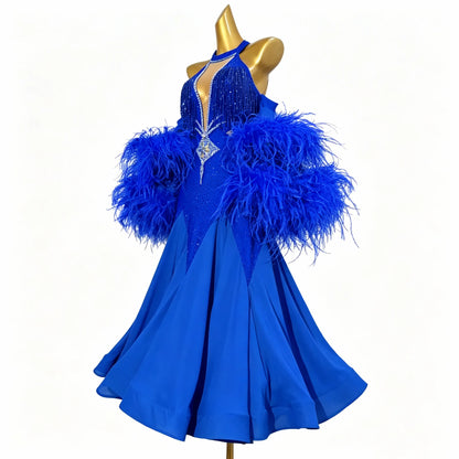 Custom Royal Blue Halter Feather Standard Ballroom Competition Dress