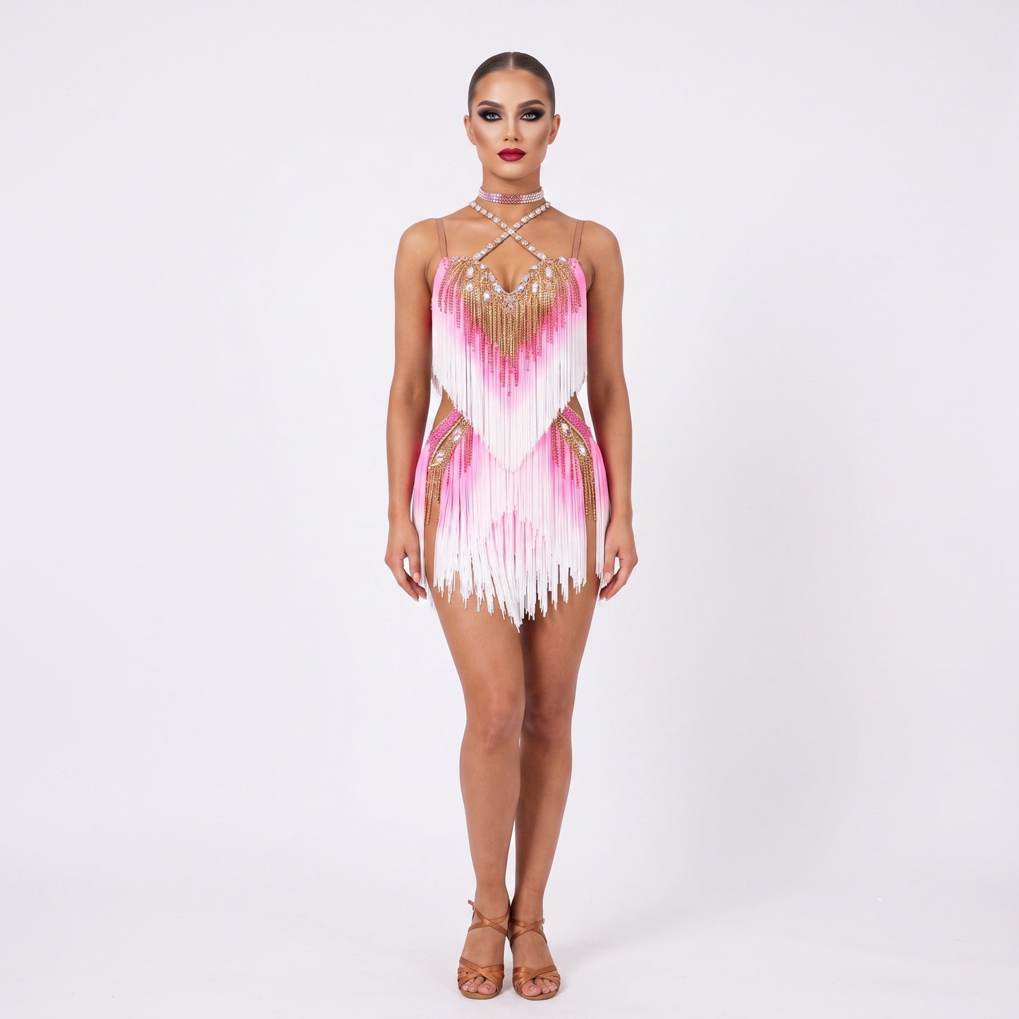 Custom Pink White Ombre Fringe Latin Dance Competition Dress