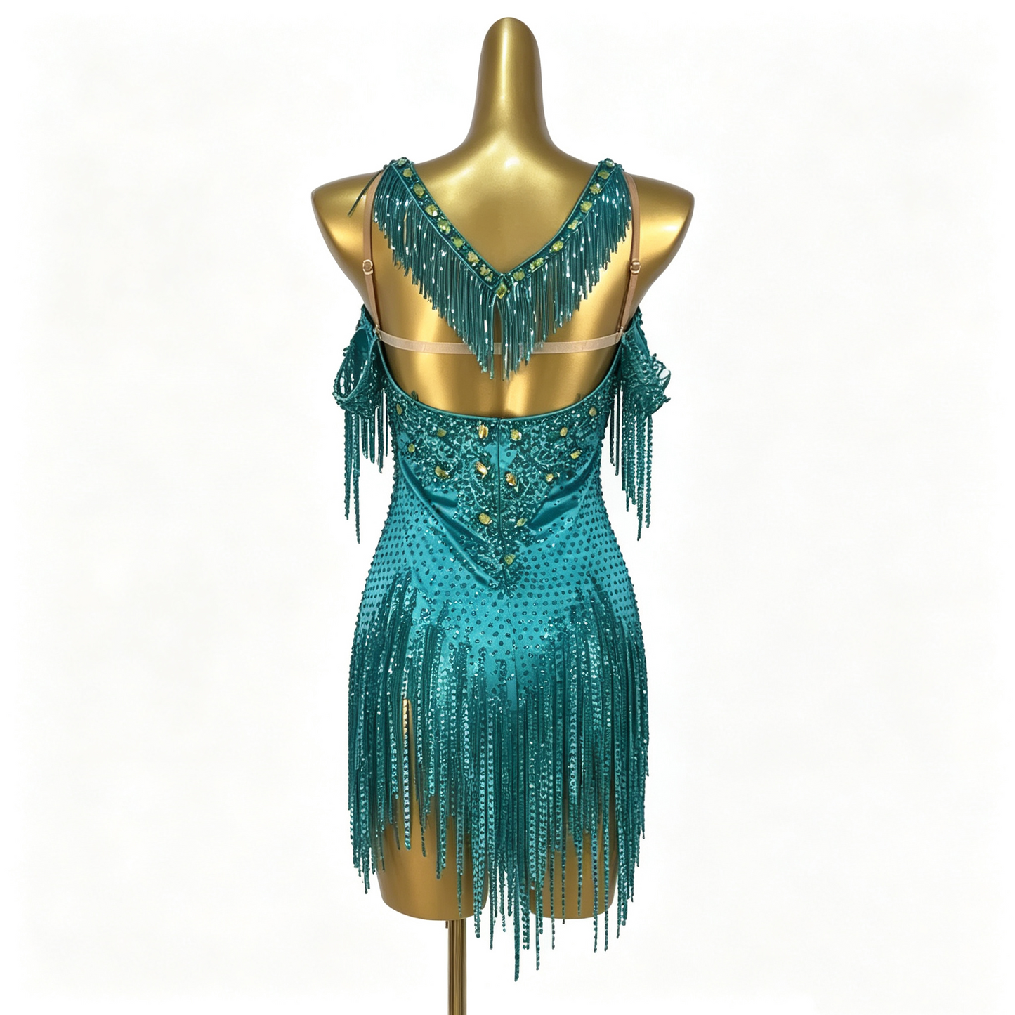 Custom Teal Lace Fringe Latin Competition Dance Dress