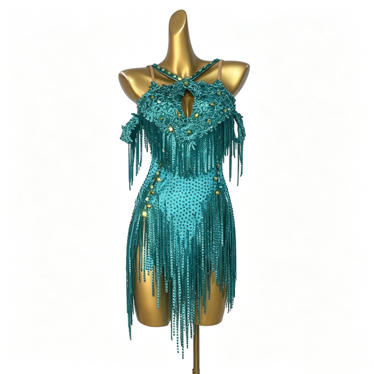 Custom Teal Lace Fringe Latin Competition Dance Dress