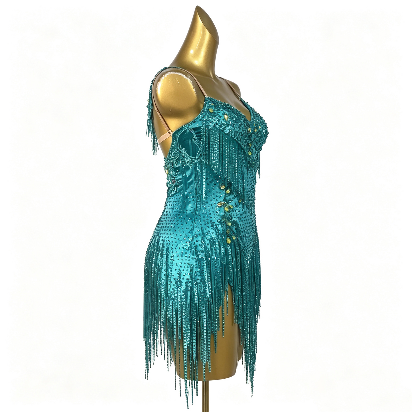 Custom Teal Lace Fringe Latin Competition Dance Dress