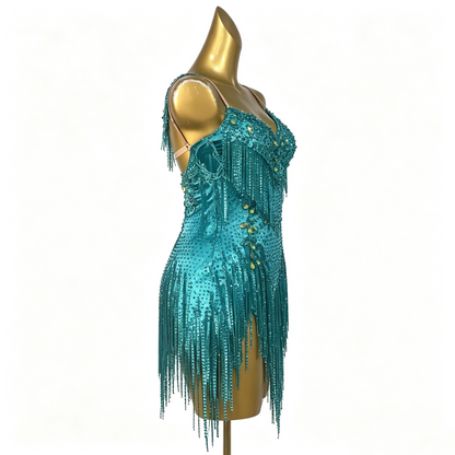 Custom Teal Lace Fringe Latin Competition Dance Dress