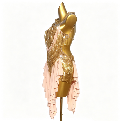 Custom Blush Pink Gold Fringe Latin Competition Dance Dress